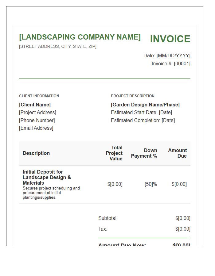Garden Design Down Payment Invoice Template For Landscapers
