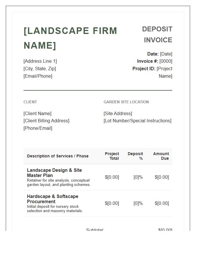 Landscape Architect Project Deposit Invoice Template For Gardens