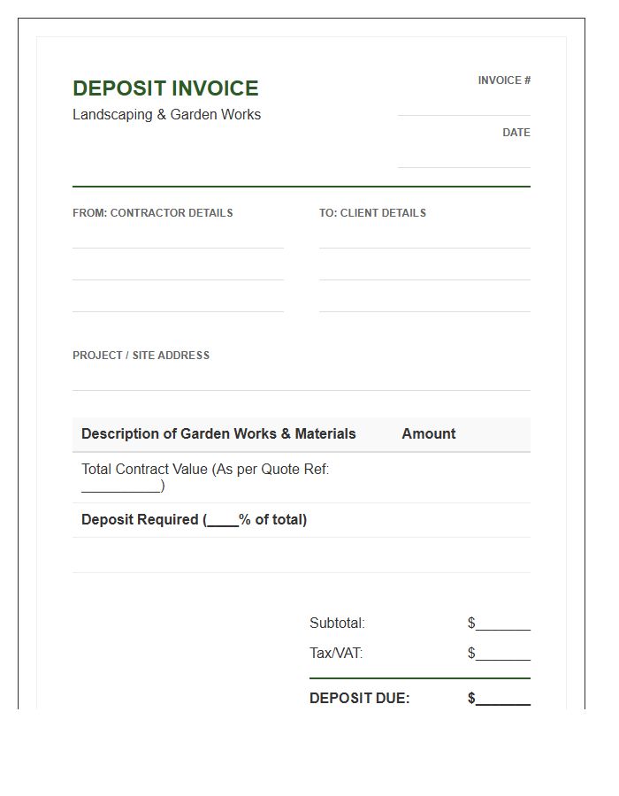 Landscaping Contract Deposit Invoice Template For Garden Works