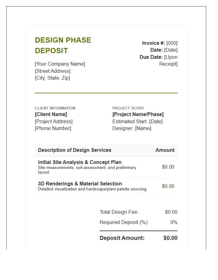 Landscaping Service Deposit Invoice Template For Design Phase