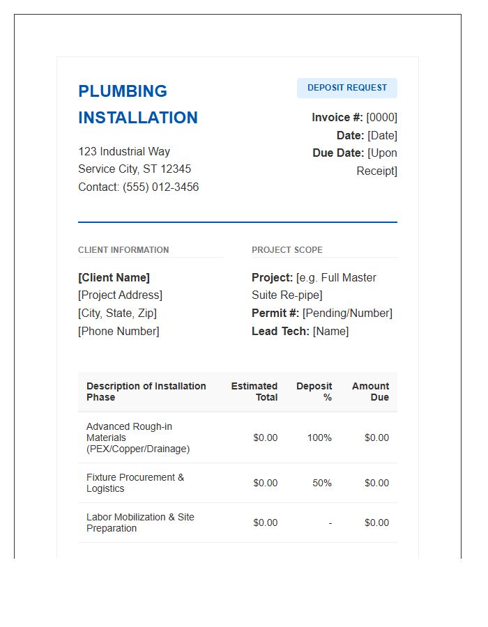 Advanced Plumbing Installation Deposit Invoice Template