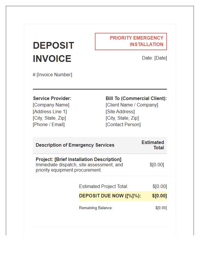 Commercial Emergency Installation Deposit Invoice Template