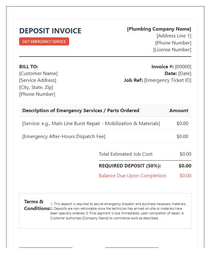Comprehensive Emergency Plumbing Deposit Invoice Template
