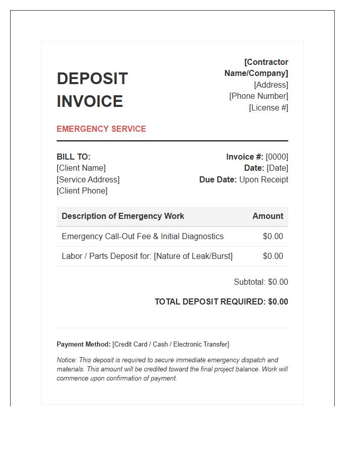 Contractor Emergency Plumbing Deposit Invoice Template