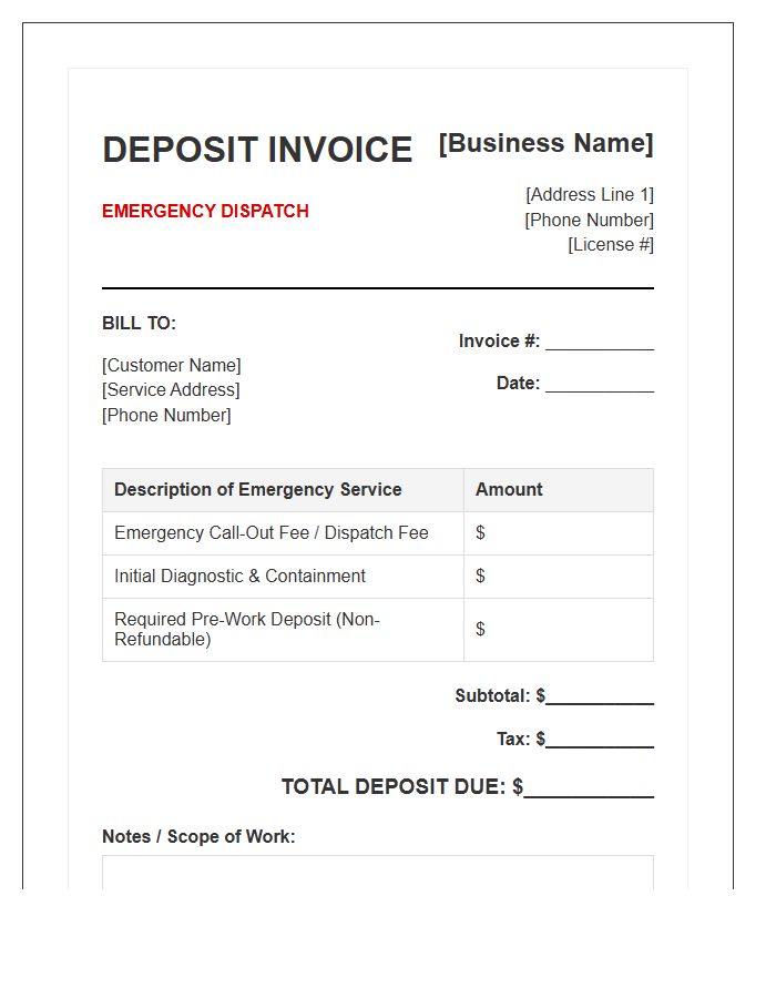 Emergency Plumbing Service Deposit Invoice Template