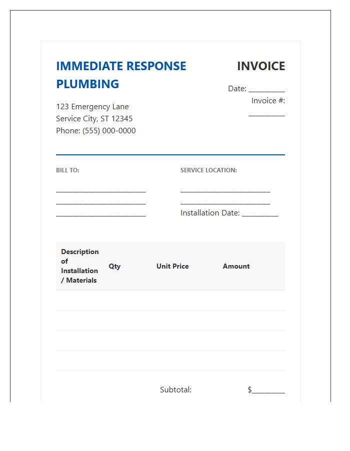 Immediate Response Plumbing Installation Invoice Template
