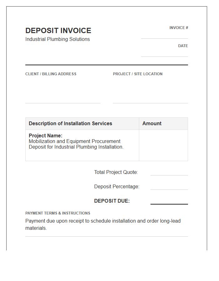 Industrial Plumbing Installation Deposit Invoice Template