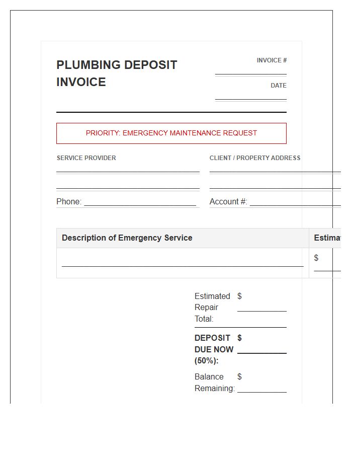Maintenance Emergency Plumbing Deposit Invoice Template