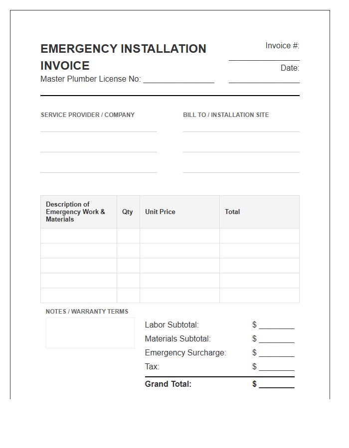Master Plumber Emergency Installation Invoice Template