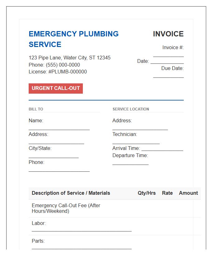 Official Emergency Plumbing Service Invoice Template