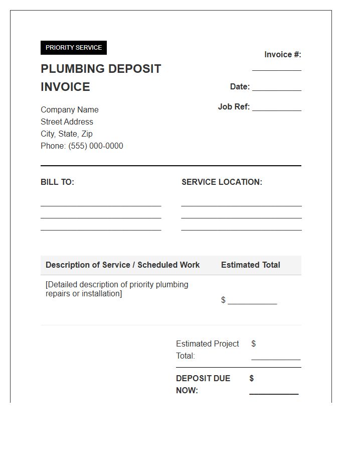 Priority Service Plumbing Deposit Invoice Template