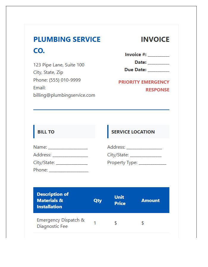 Professional Emergency Plumbing Installation Invoice Template