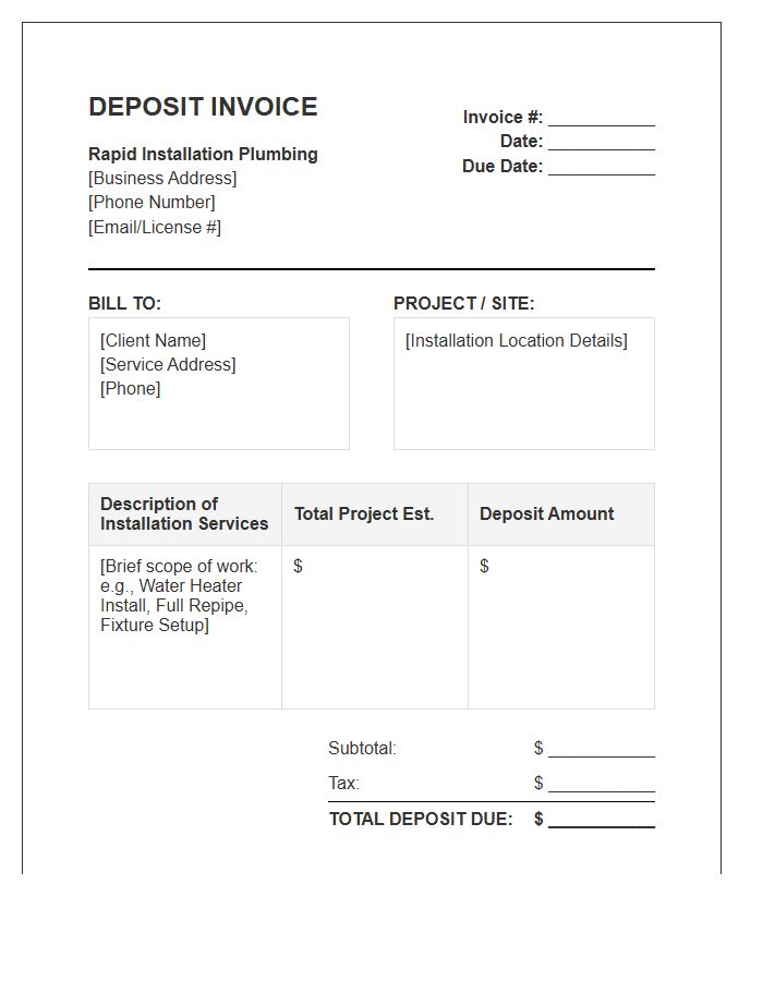 Rapid Installation Plumbing Deposit Invoice Template