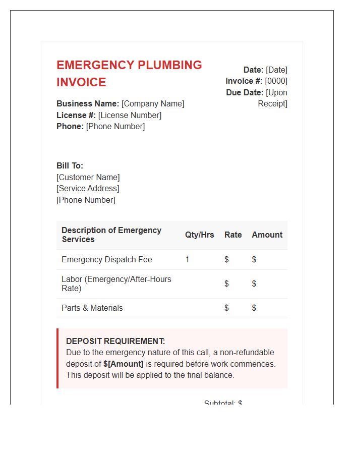 Required Deposit Emergency Plumbing Invoice Template