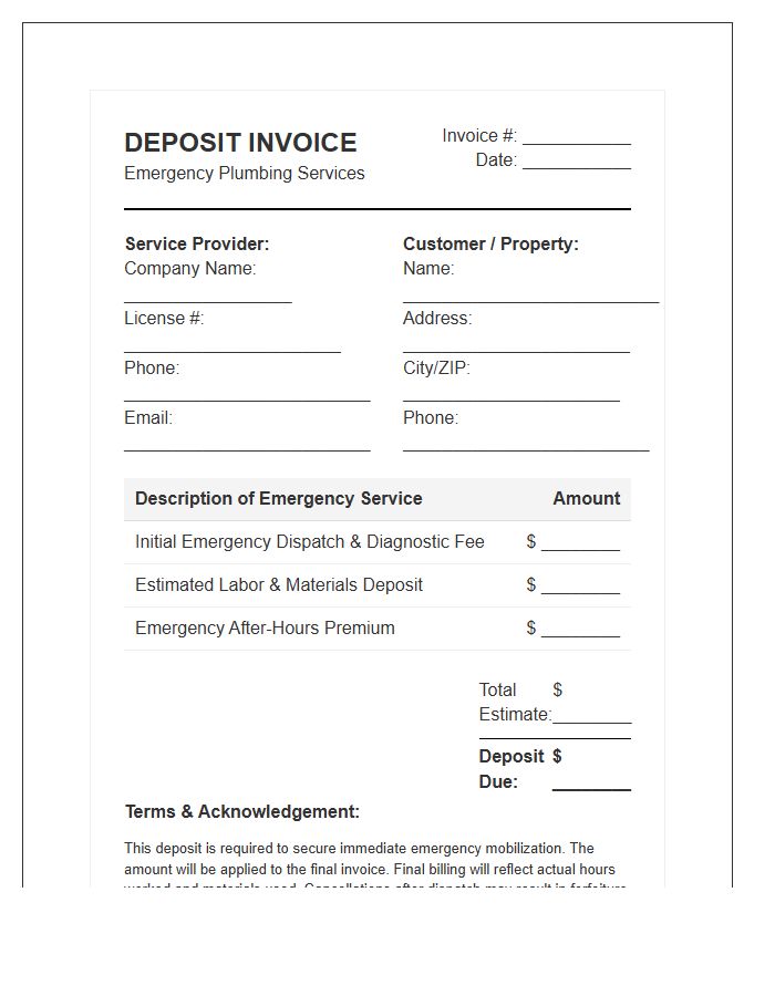 Residential Emergency Plumbing Deposit Invoice Template