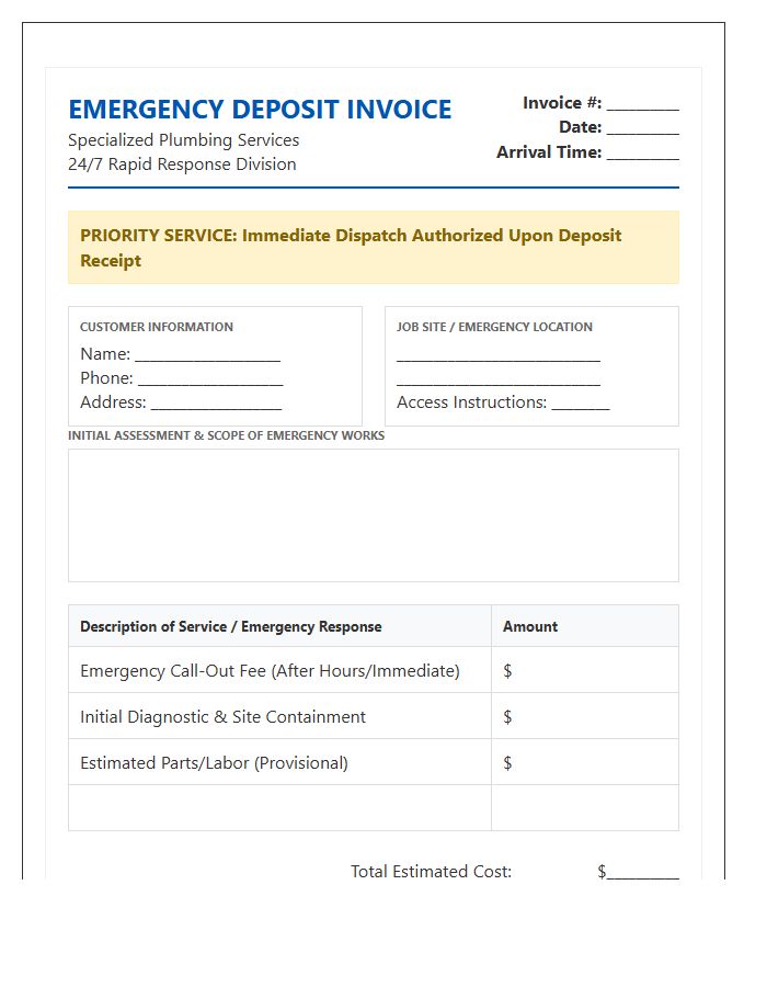 Specialized Emergency Plumbing Deposit Invoice Template