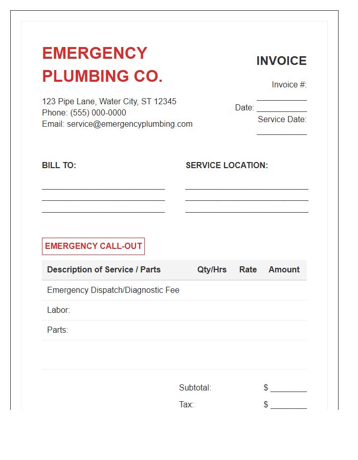 Standard Emergency Plumbing Service Invoice Template