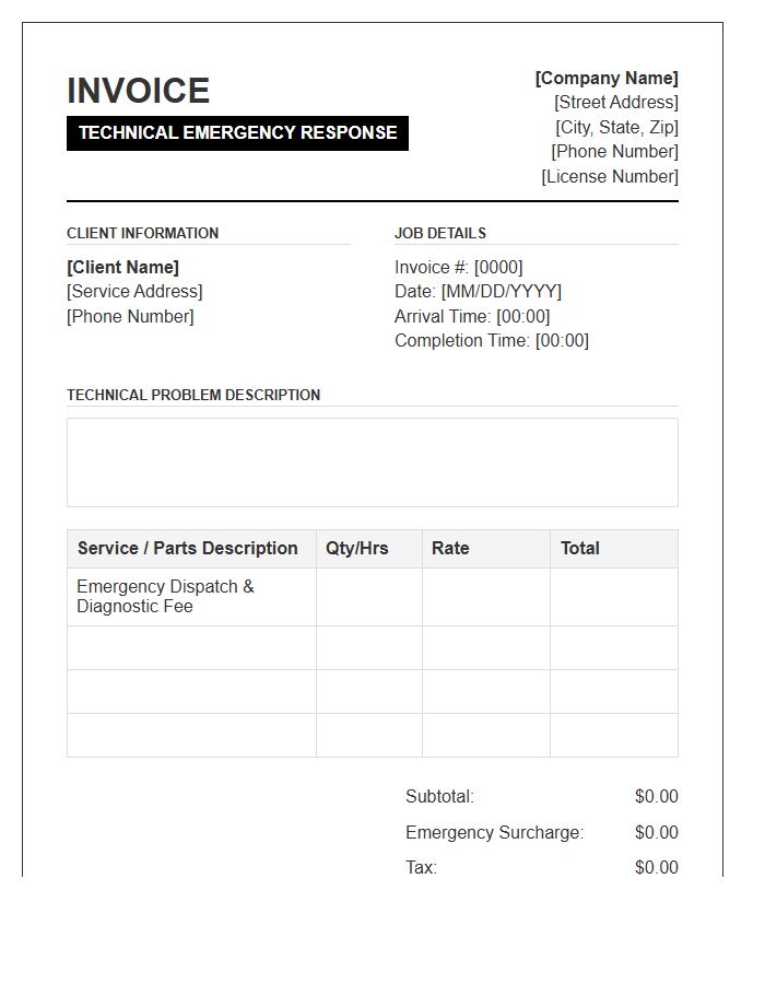 Technical Emergency Plumbing Service Invoice Template