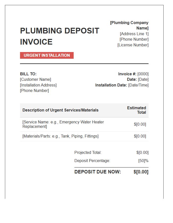 Urgent Installation Plumbing Deposit Invoice Template
