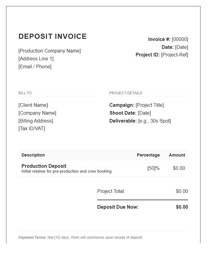 Advertising Video Production Deposit Invoice Template