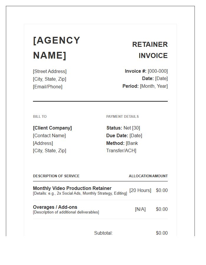 Agency Video Production Retainer Invoice Template