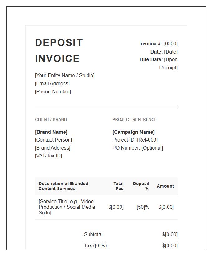 Commercial Branded Content Deposit Invoice Template
