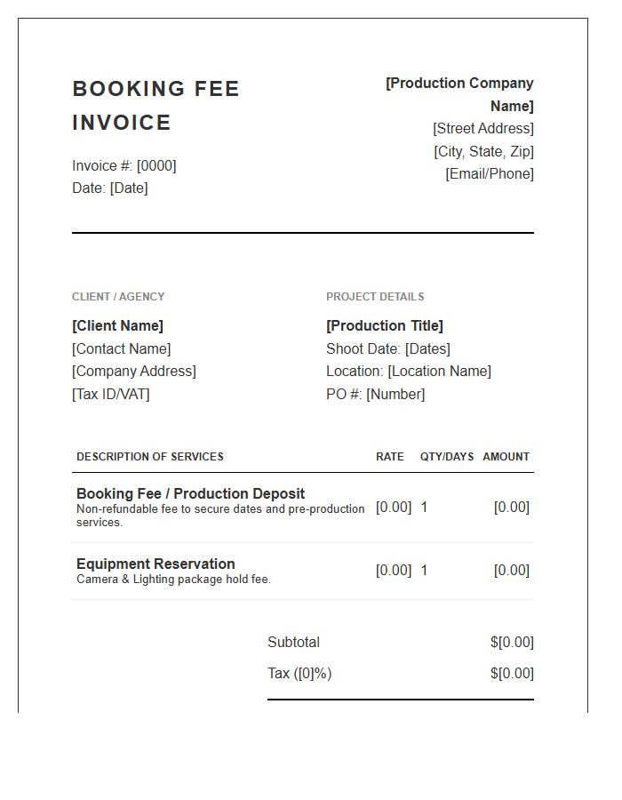 Commercial Cinematography Booking Fee Invoice Template