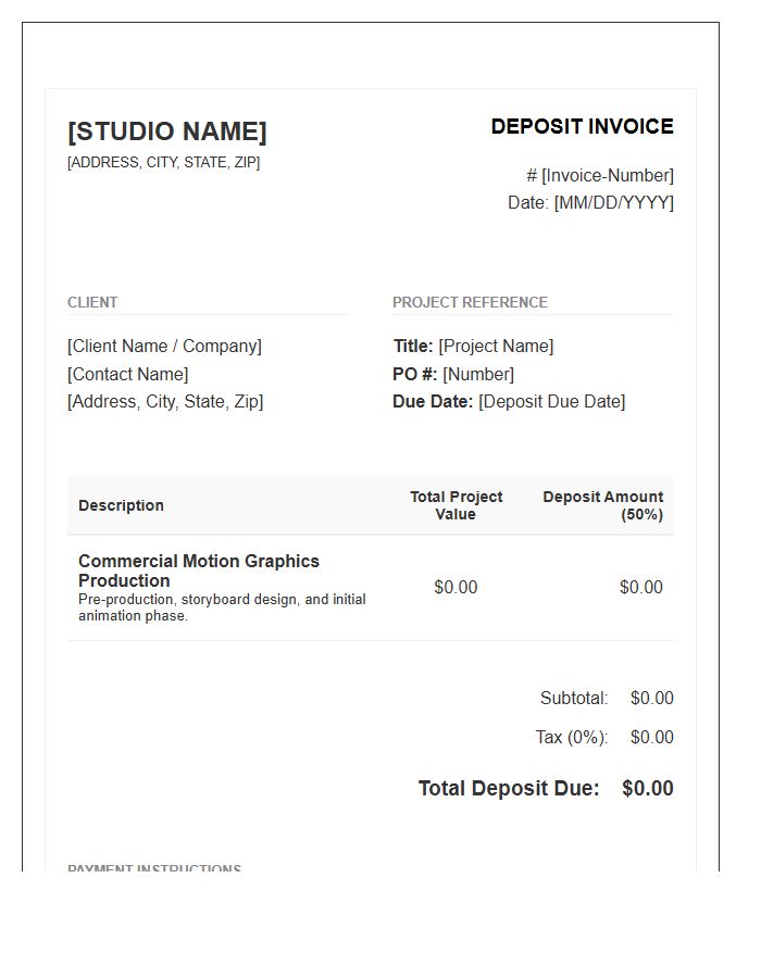 Commercial Motion Graphics Production Deposit Invoice Template