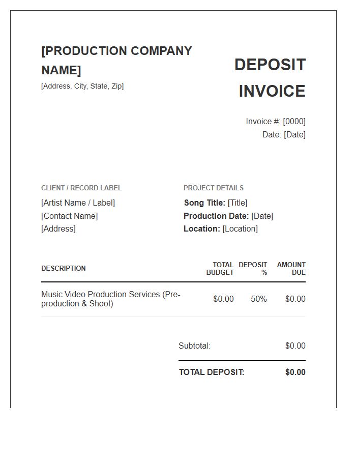 Commercial Music Video Production Deposit Invoice Template