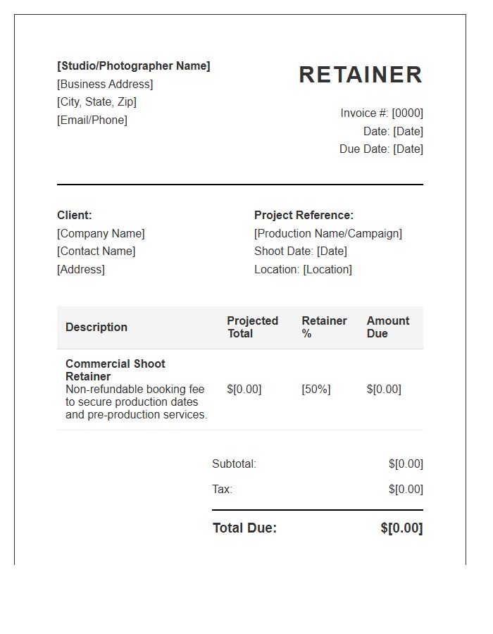 Commercial Shoot Retainer Invoice Template