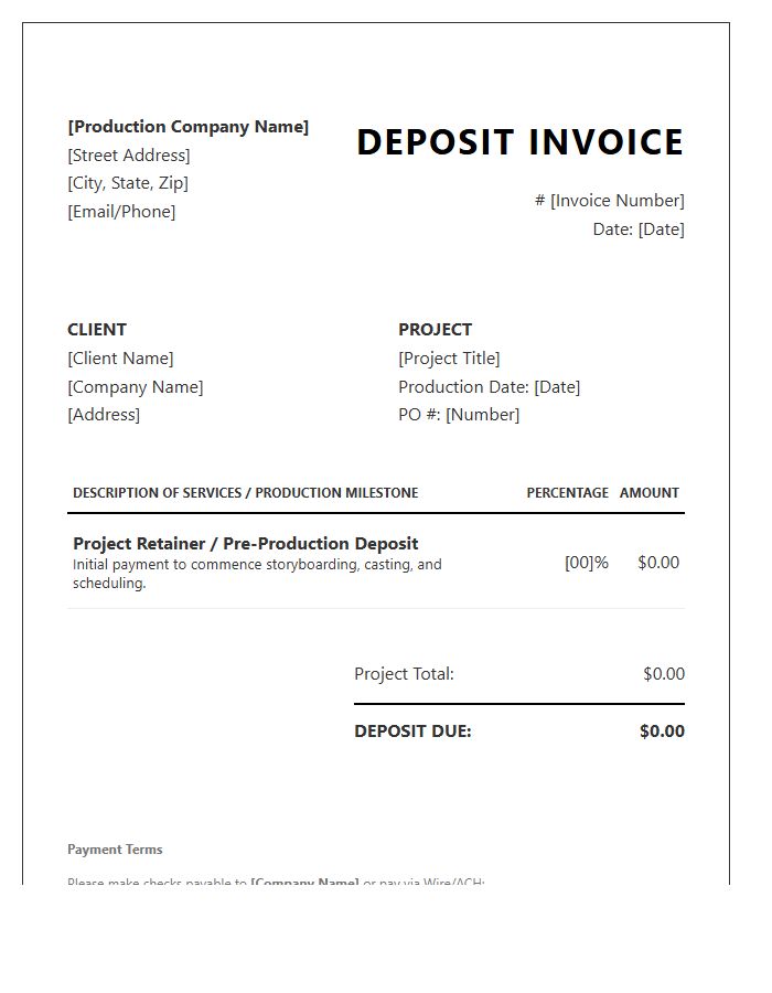 Commercial Video Production Deposit Invoice Template