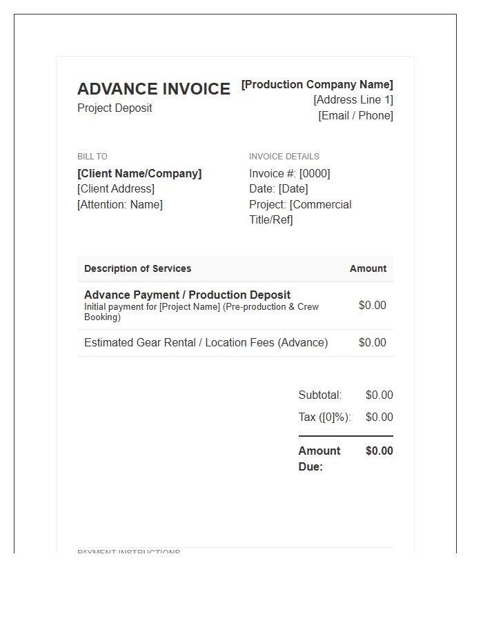 Commercial Video Project Advance Invoice Template