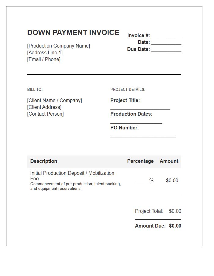 Corporate Film Production Down Payment Invoice Template