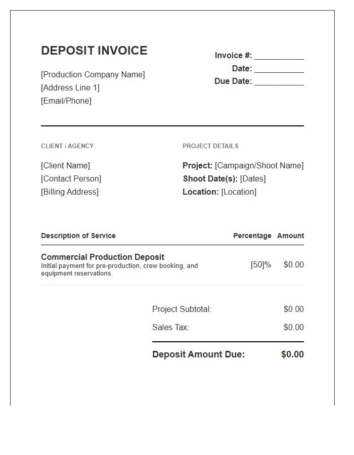 Full Service Commercial Shoot Deposit Invoice Template