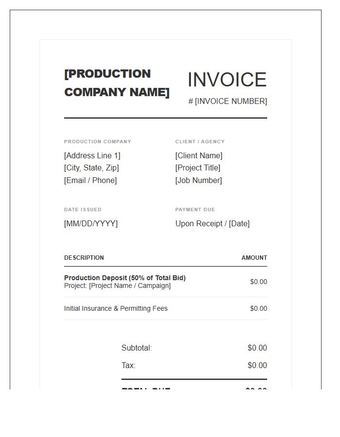 High End Commercial Production Deposit Invoice Template