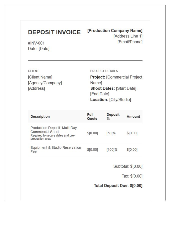Multi Day Commercial Shoot Deposit Invoice Template