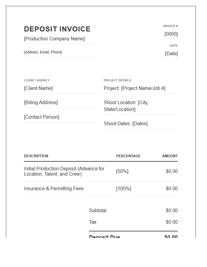 On Location Commercial Production Deposit Invoice Template