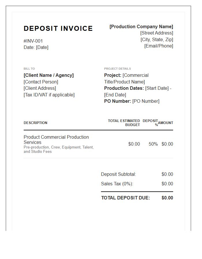 Product Commercial Production Deposit Invoice Template