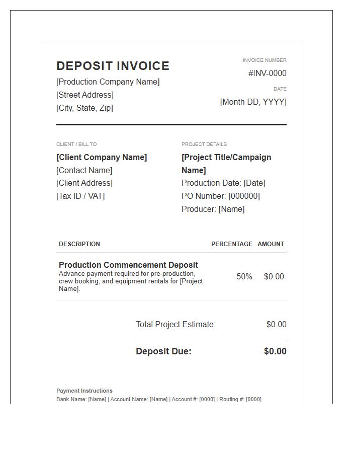 Professional Commercial Media Production Deposit Invoice Template