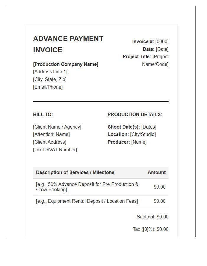 Professional Film Production Advance Payment Invoice Template
