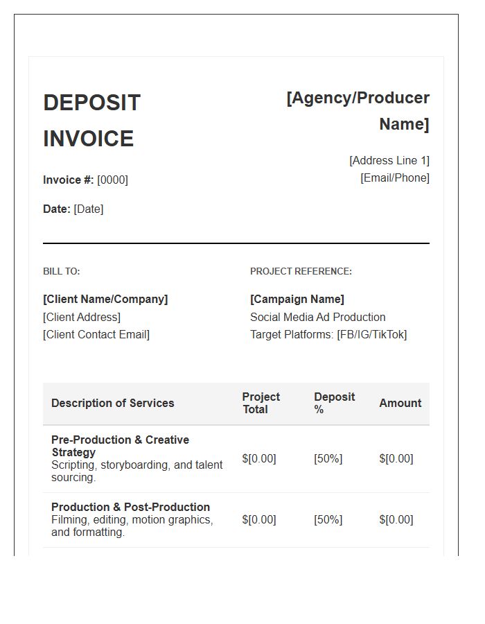 Social Media Ad Production Deposit Invoice Template