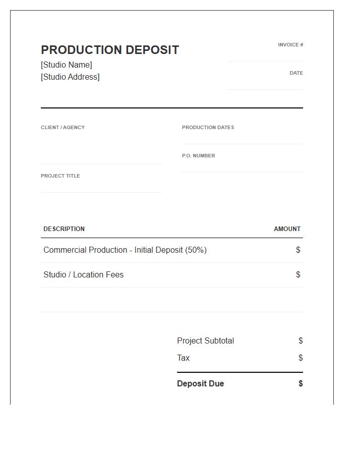 Studio Commercial Production Deposit Invoice Template