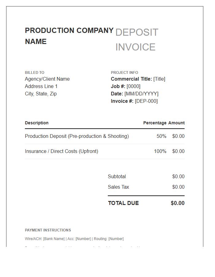 Television Commercial Production Deposit Invoice Template
