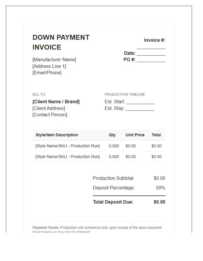Apparel Production Down Payment Invoice Template