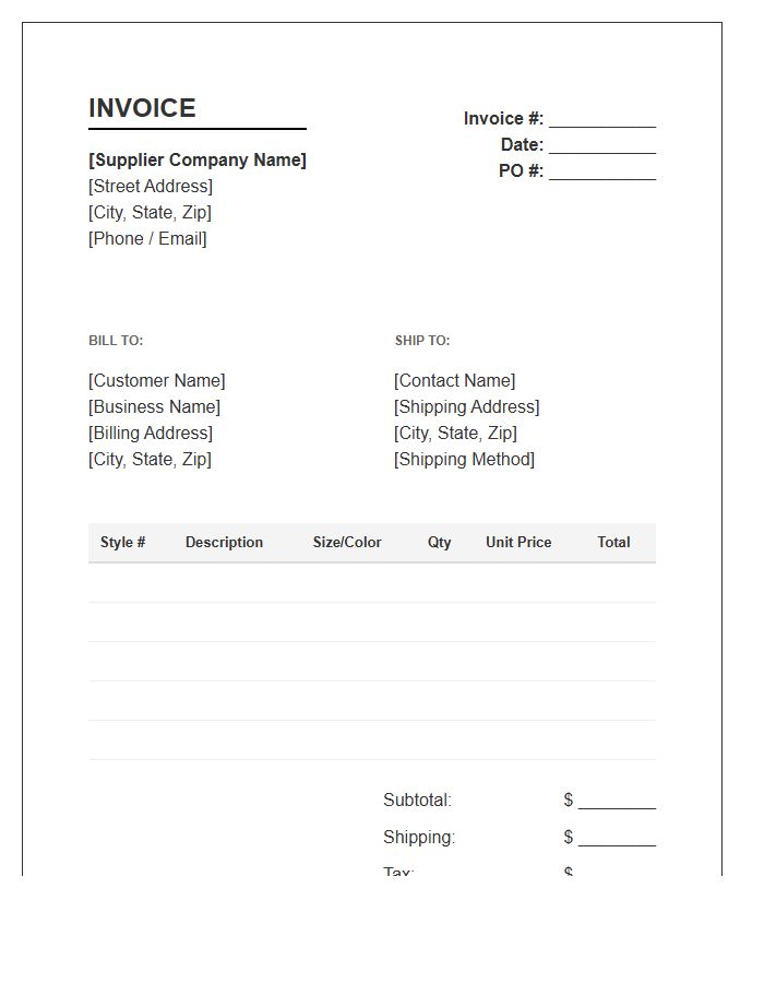 Apparel Supplier Bulk Order Invoice Template