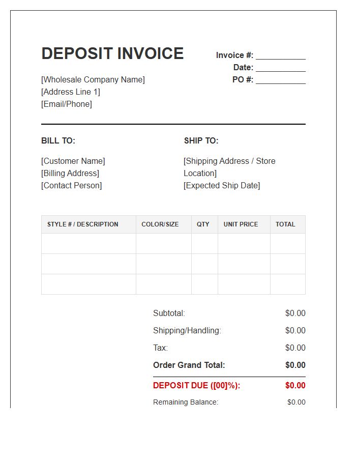 Apparel Wholesale Deposit Invoice Template