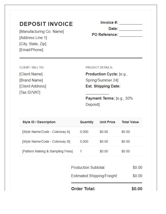 Bulk Apparel Manufacturing Deposit Invoice Template