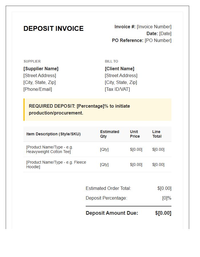 Bulk Apparel Supplier Deposit Invoice Template