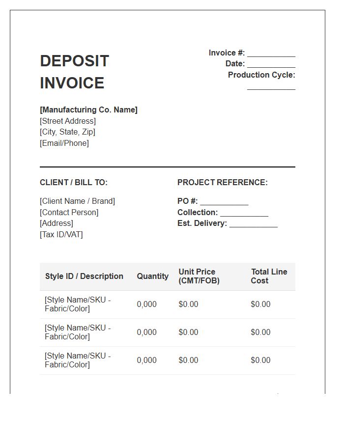 Bulk Fashion Manufacturing Deposit Invoice Template