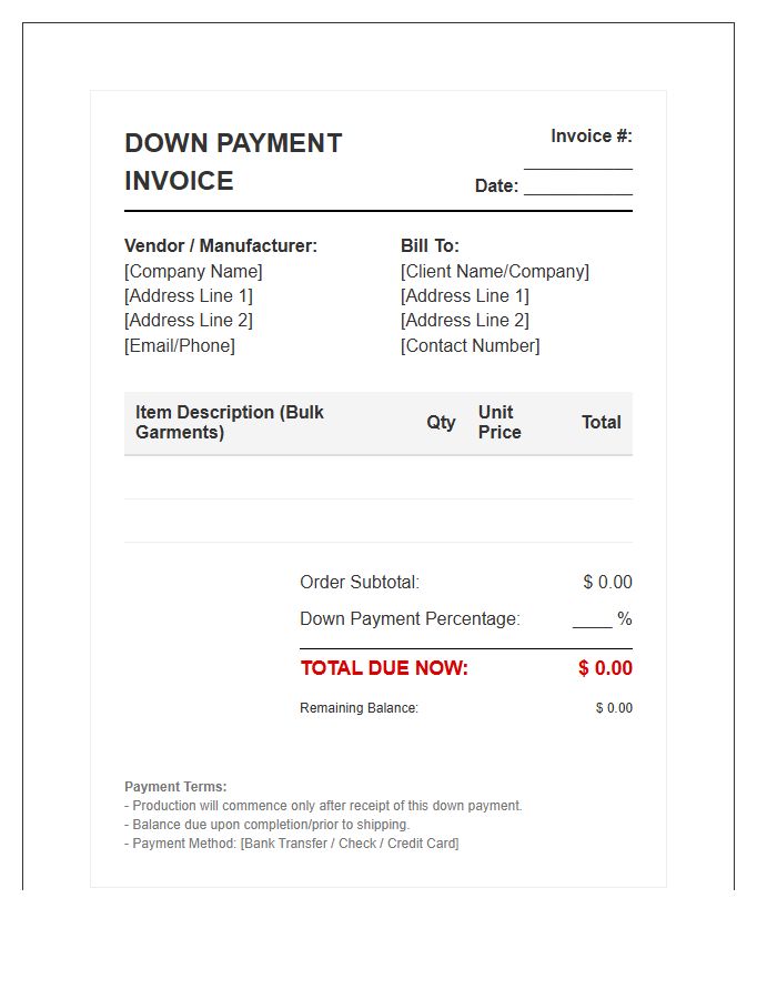 Bulk Garment Order Down Payment Invoice Template
